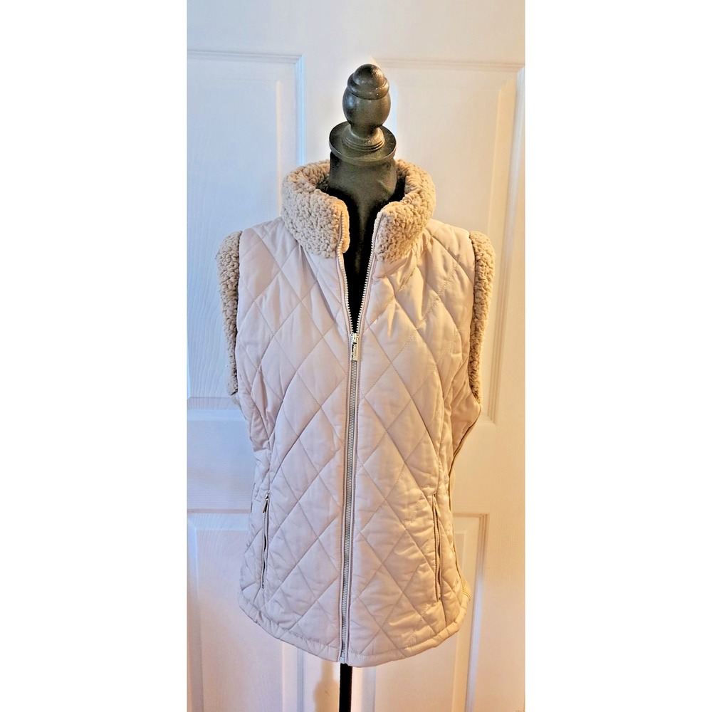 Calvin Klein Women's Quilted Puffer Full Zip Vest with Faux Fur Trim in Beige XL